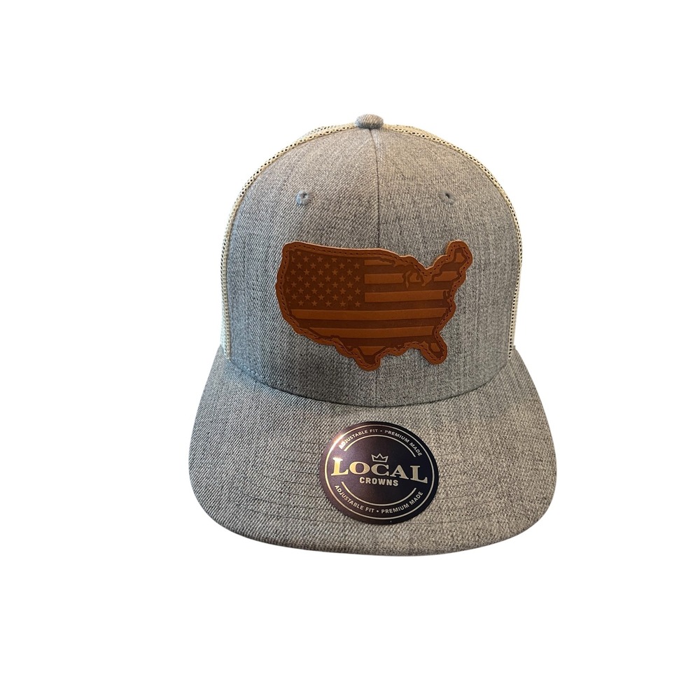 Local Crowns Trucker Hat Mens OSFM Gray USA Leather Patch Mesh Snapback July 4th